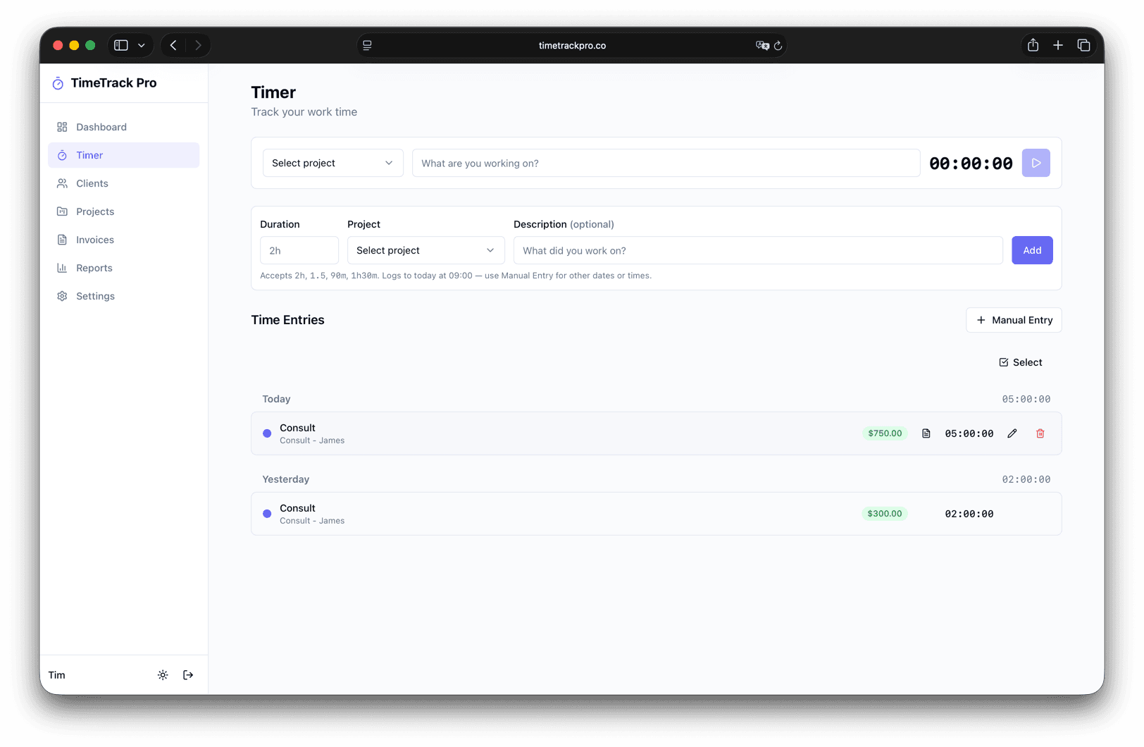 TimeTrack Pro Timer — track billable hours with one click or type durations like 2h